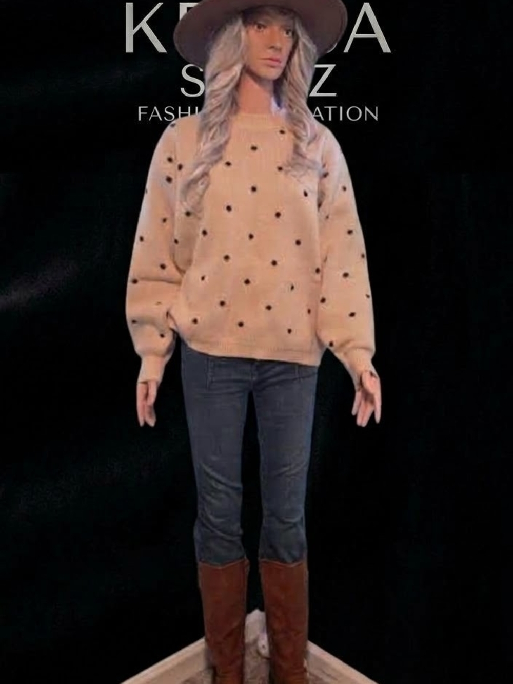 Cozy Polka-Dot Crewneck Sweater - Beige